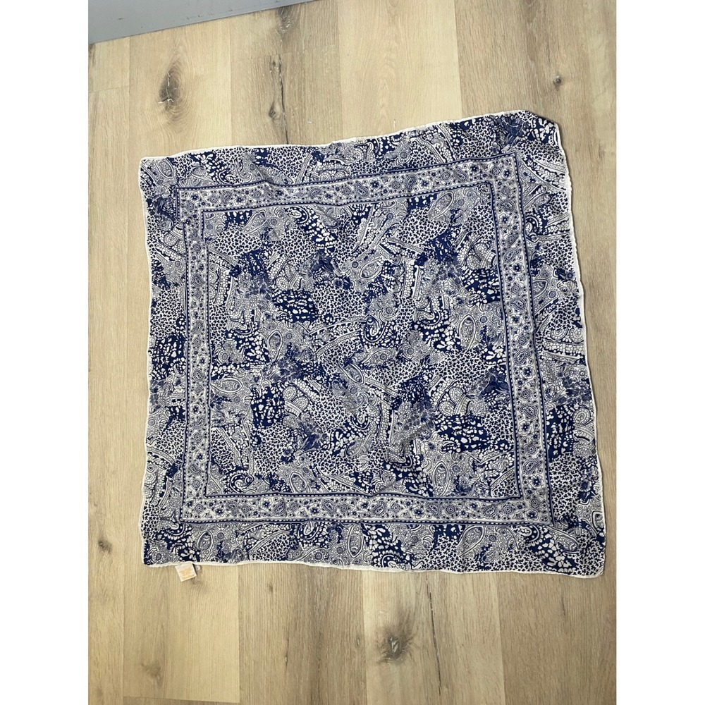 Vintage Glentex 60s Blue White Paisley Floral Scarf Square Nylon Made in Japan